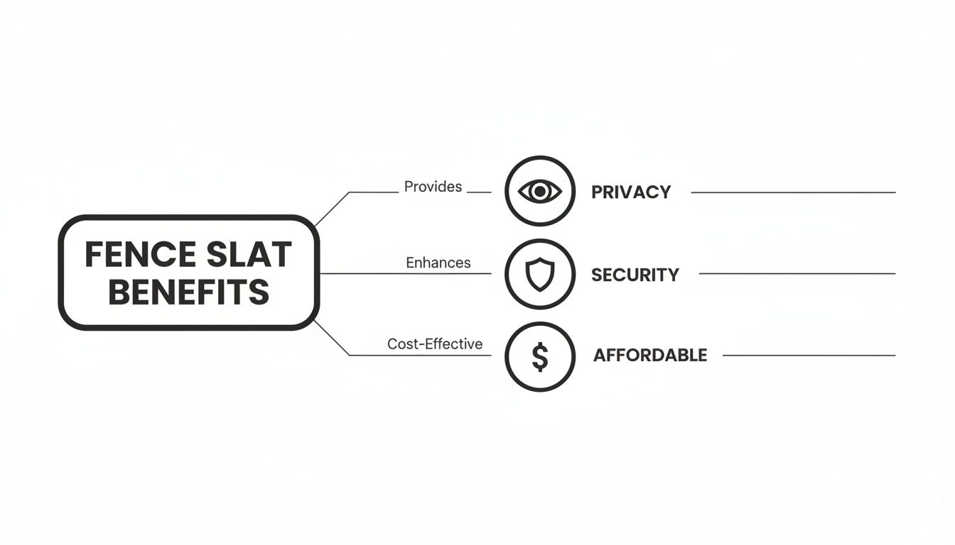 A clear diagram illustrating fence slat benefits: privacy, security, and affordability, each with a relevant icon.