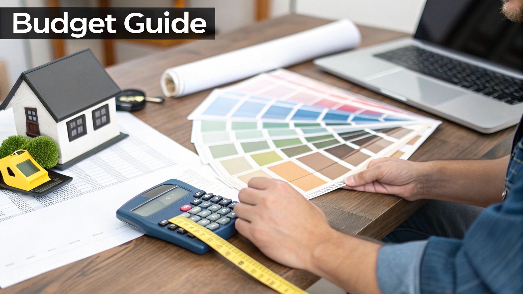 Person planning home renovation budget, holding color swatches, with calculator, house model, and laptop.