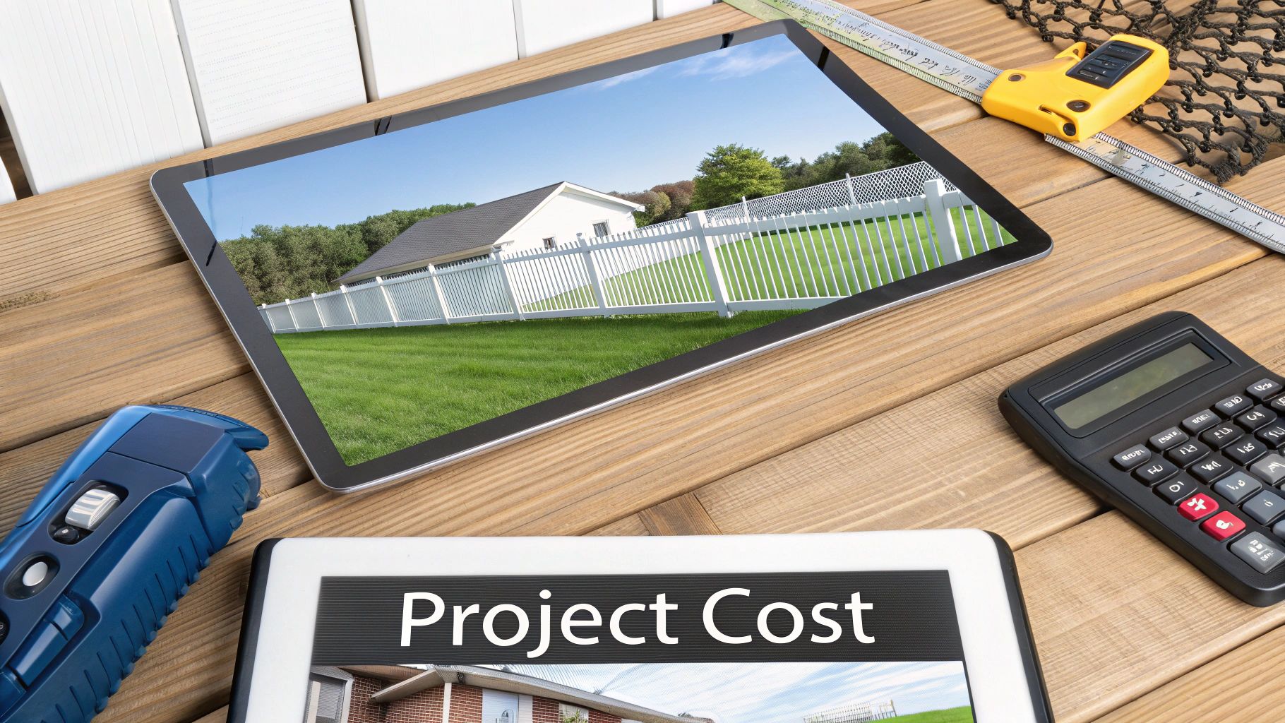Construction tools and tablets on a wooden deck, one displaying a house with a privacy fence, another 'Project Cost'.