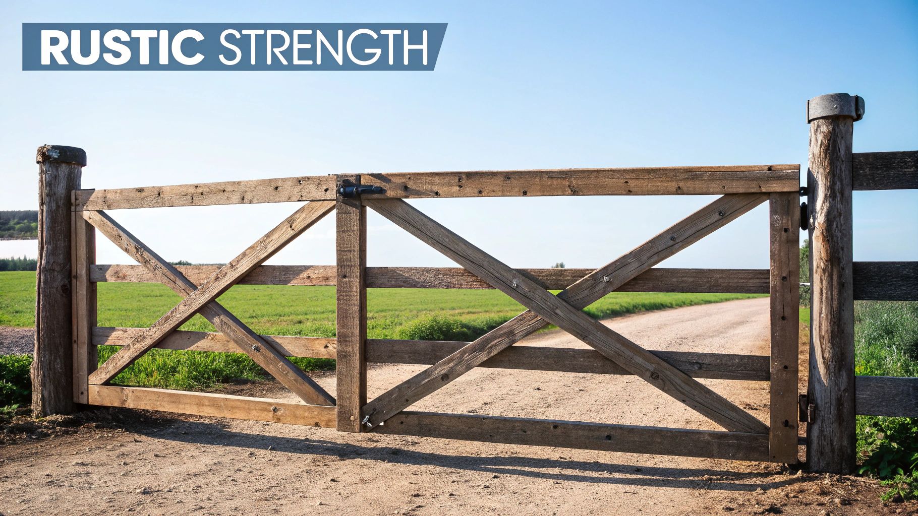 A rustic wooden farm gate with X-bracing stands across a dirt road, leading to green fields.