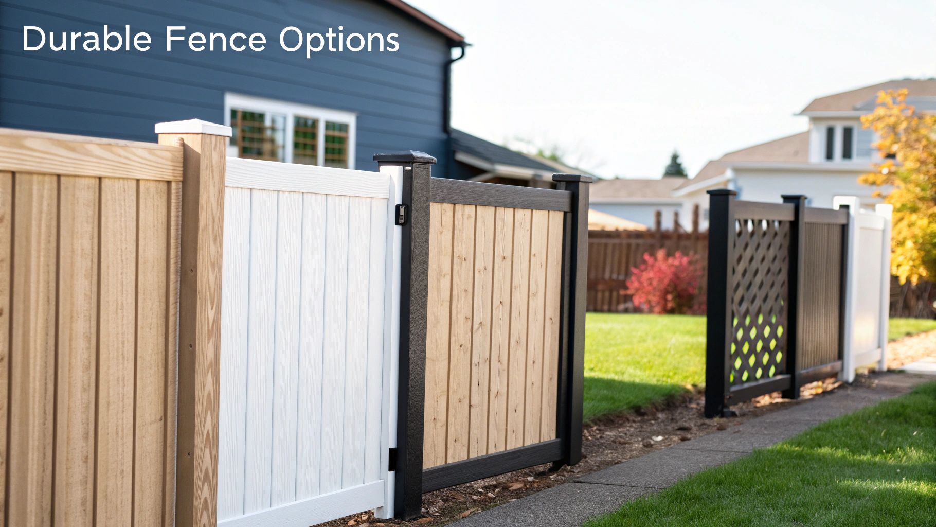 A row of various durable fence options, including wood, white vinyl, and dark composite with lattice, along a sidewalk.