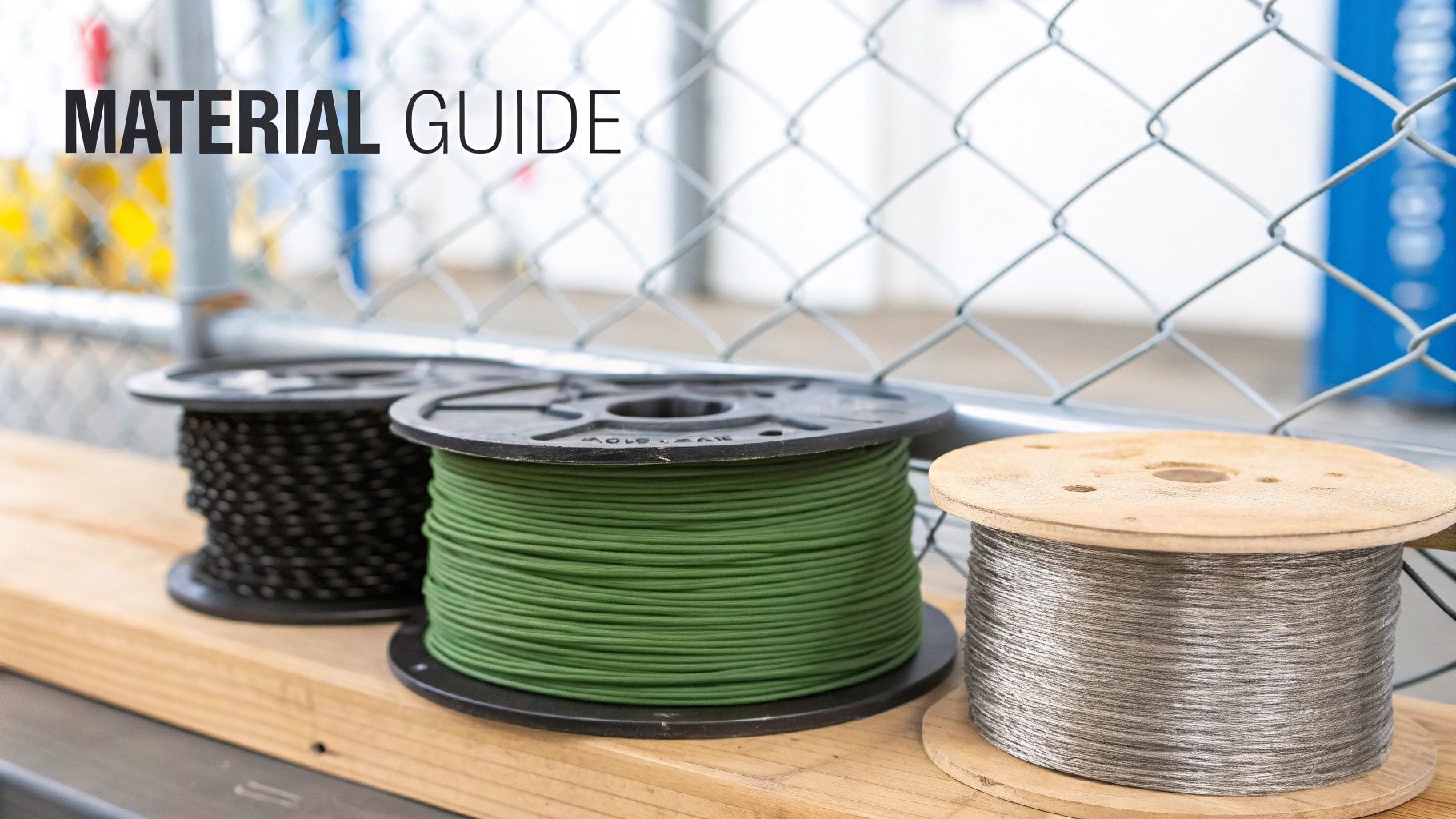 Material guide showing spools of wire and cable for chain link fence construction projects
