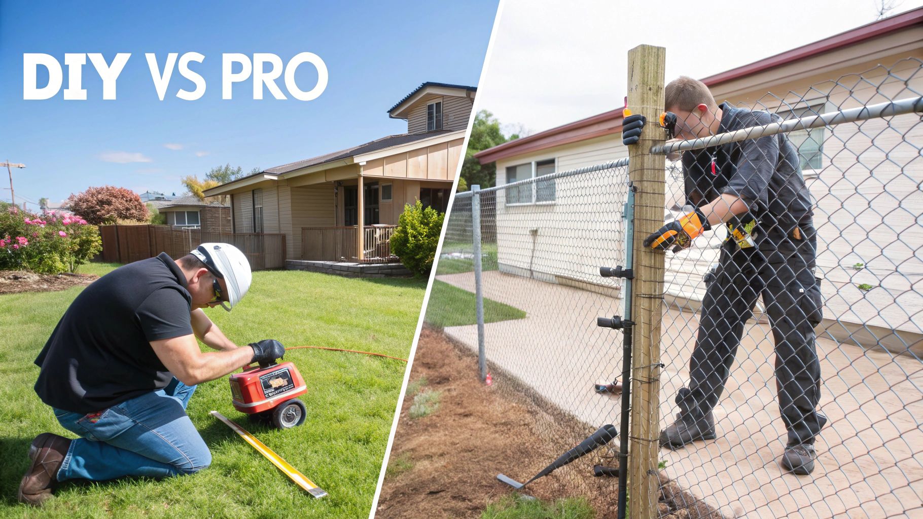 Split image comparing DIY homeowner work, like locating lines, with a professional installing a chain link fence.