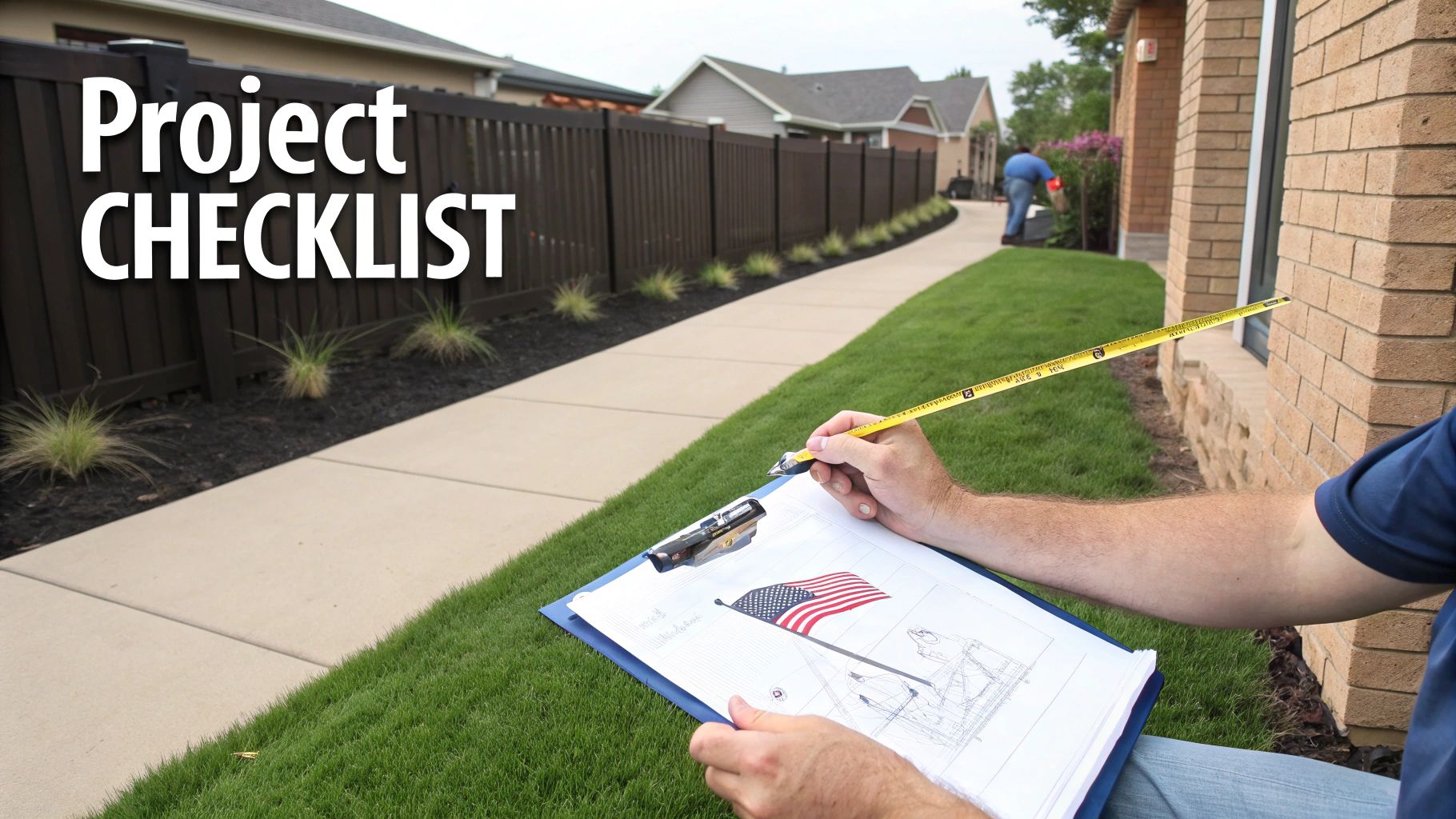 Person with 'Project CHECKLIST' reviewing blueprints and measuring for a fence and landscaping project.