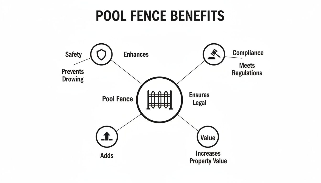 Diagram illustrating pool fence benefits: safety, preventing drowning, compliance, and increased property value.