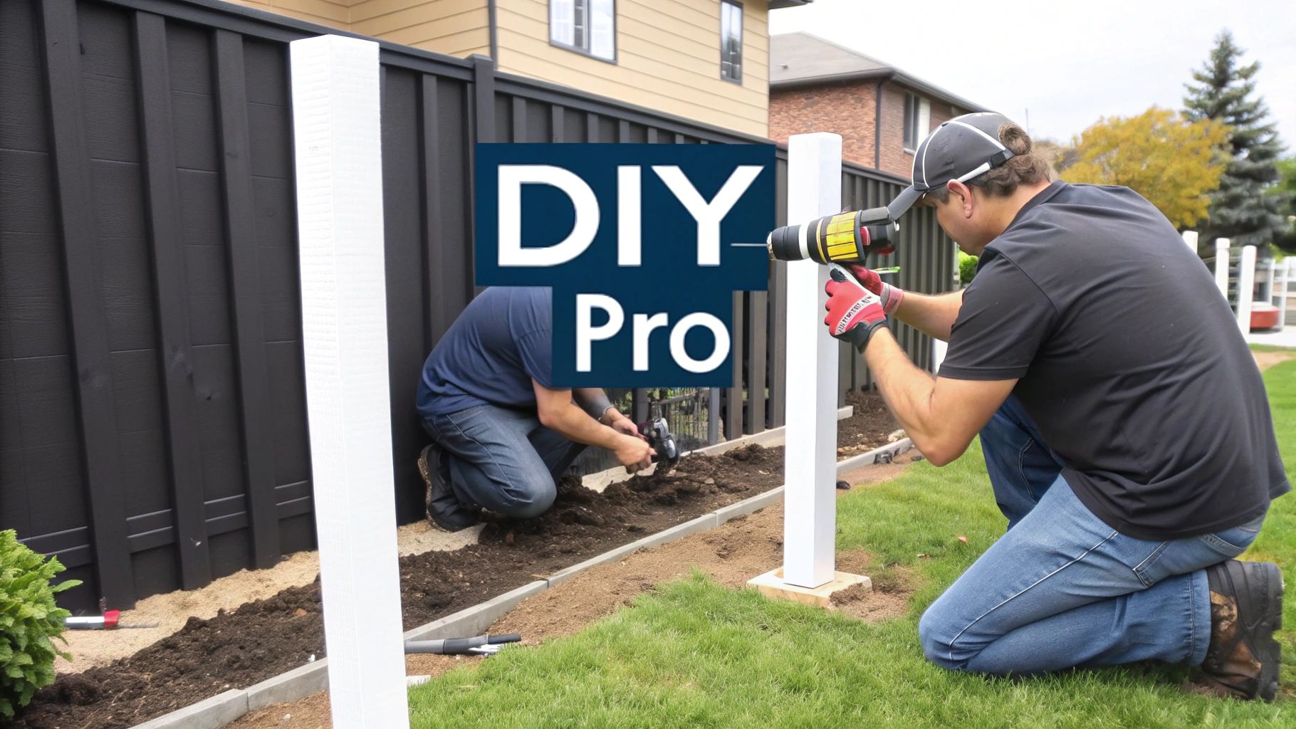 Two men install white fence posts with tools, working on a home DIY fence project.