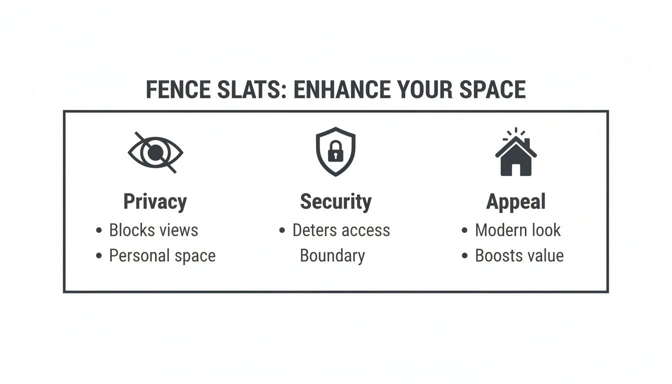 Infographic showing the benefits of fence slats: privacy, security, and appeal, with descriptive bullet points.