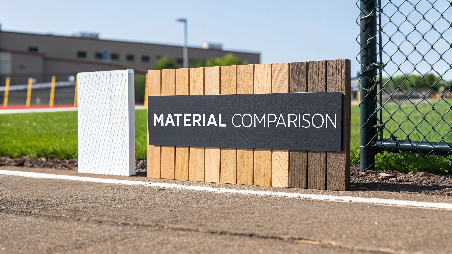 Outdoor display showing white textured and wooden plank material samples for comparison on asphalt.