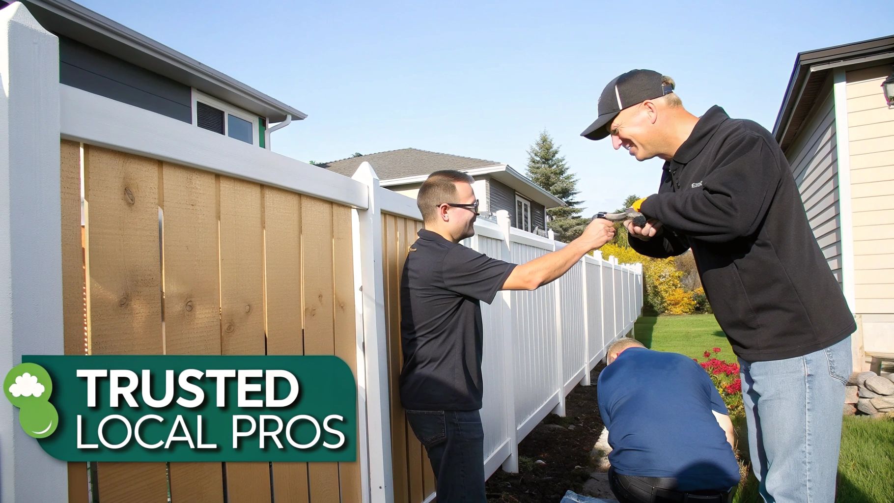 Three men installing a new vinyl and wood fence in a sunny backyard.