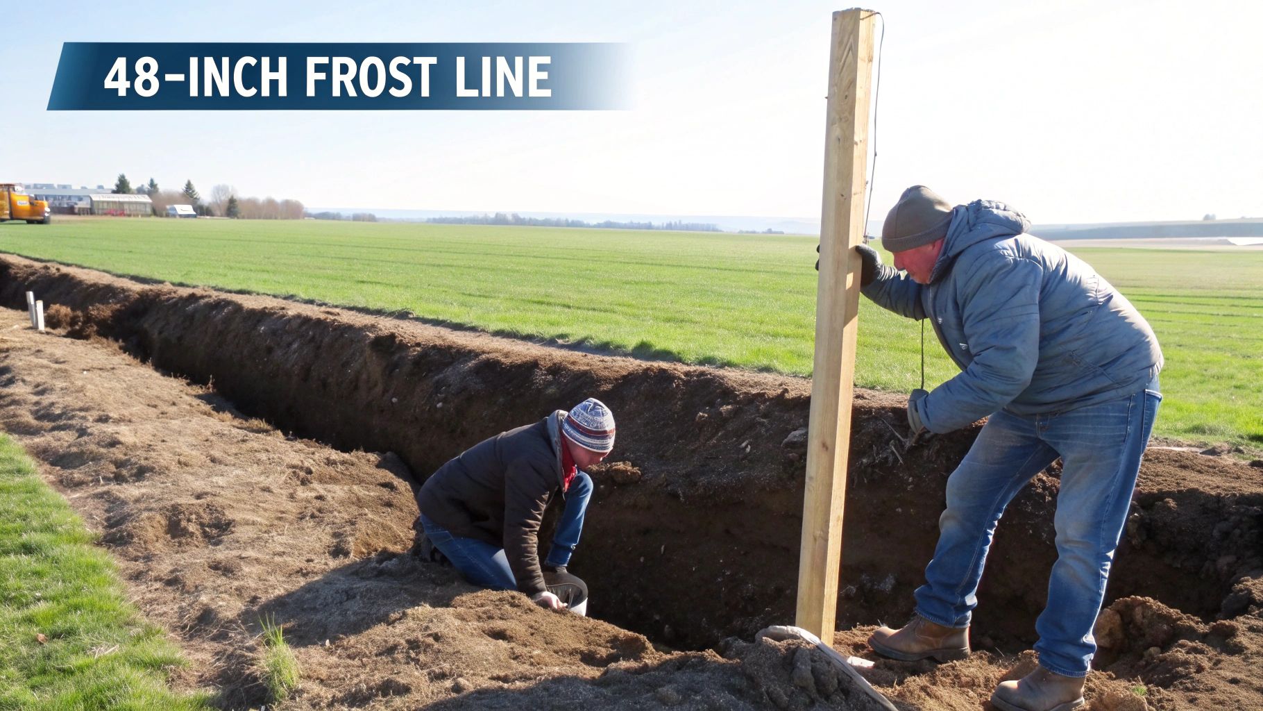 Two men install a new wooden fence post in a deep trench in a grassy field, with a "48-inch frost line" sign.