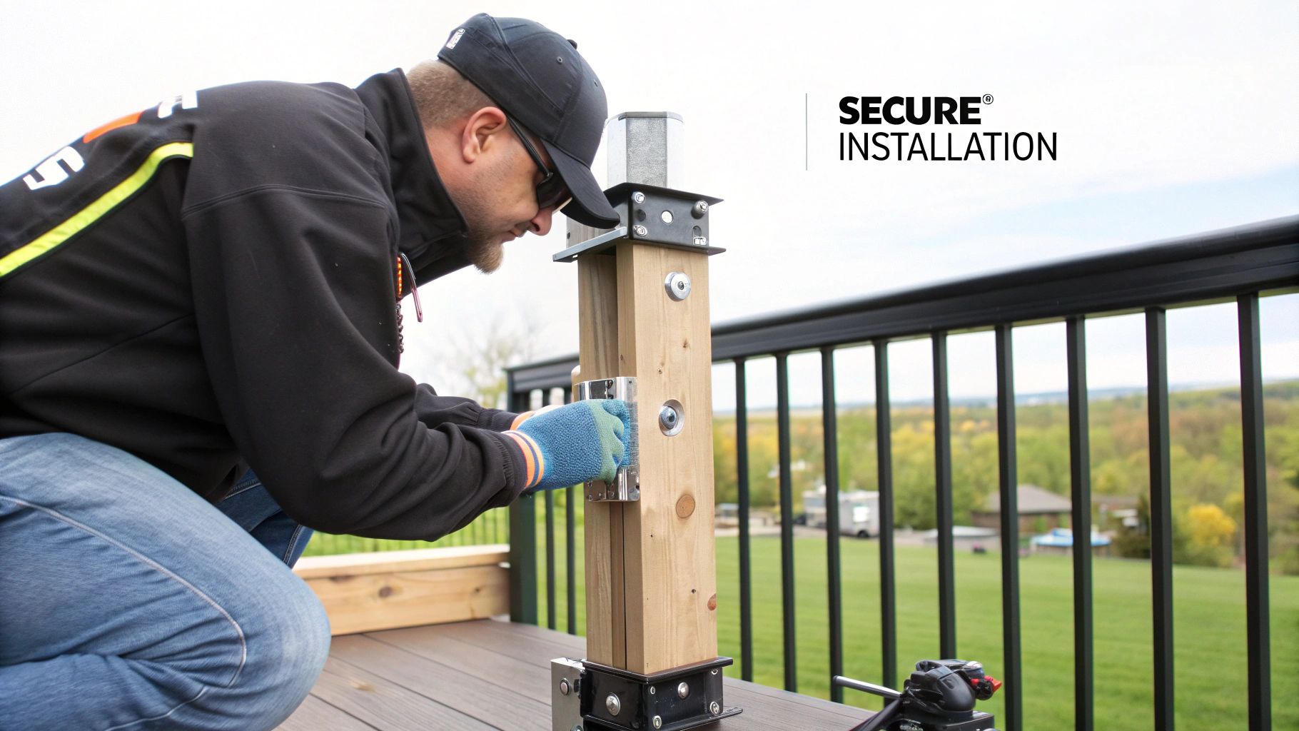 Man securely installing a wooden deck post with specialized hardware on an outdoor deck.