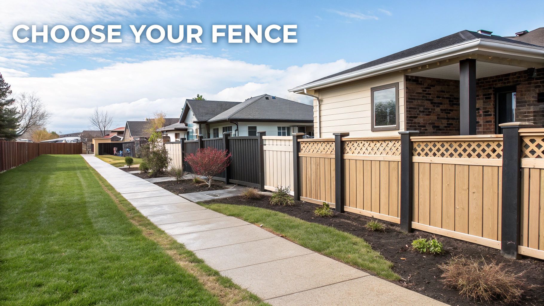 Various styles of fences line a residential street, including wood with lattice and solid designs.