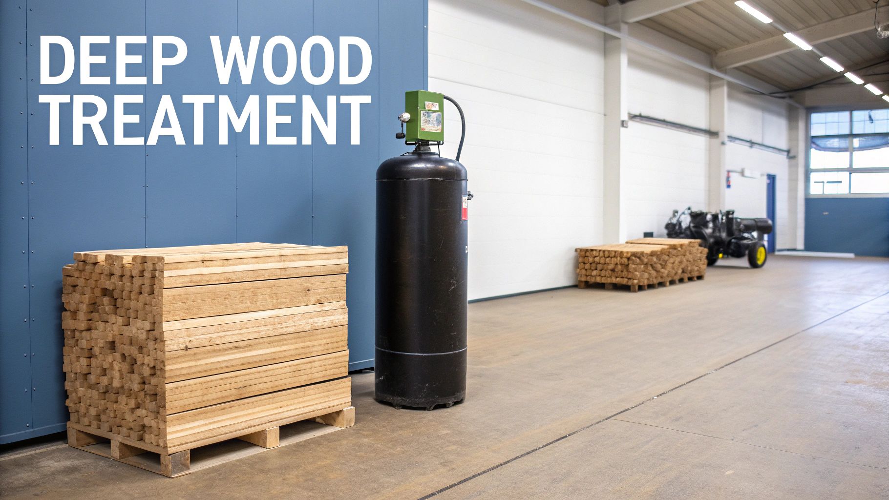 Deep wood treatment facility with stacks of timber on pallets and a large processing tank.