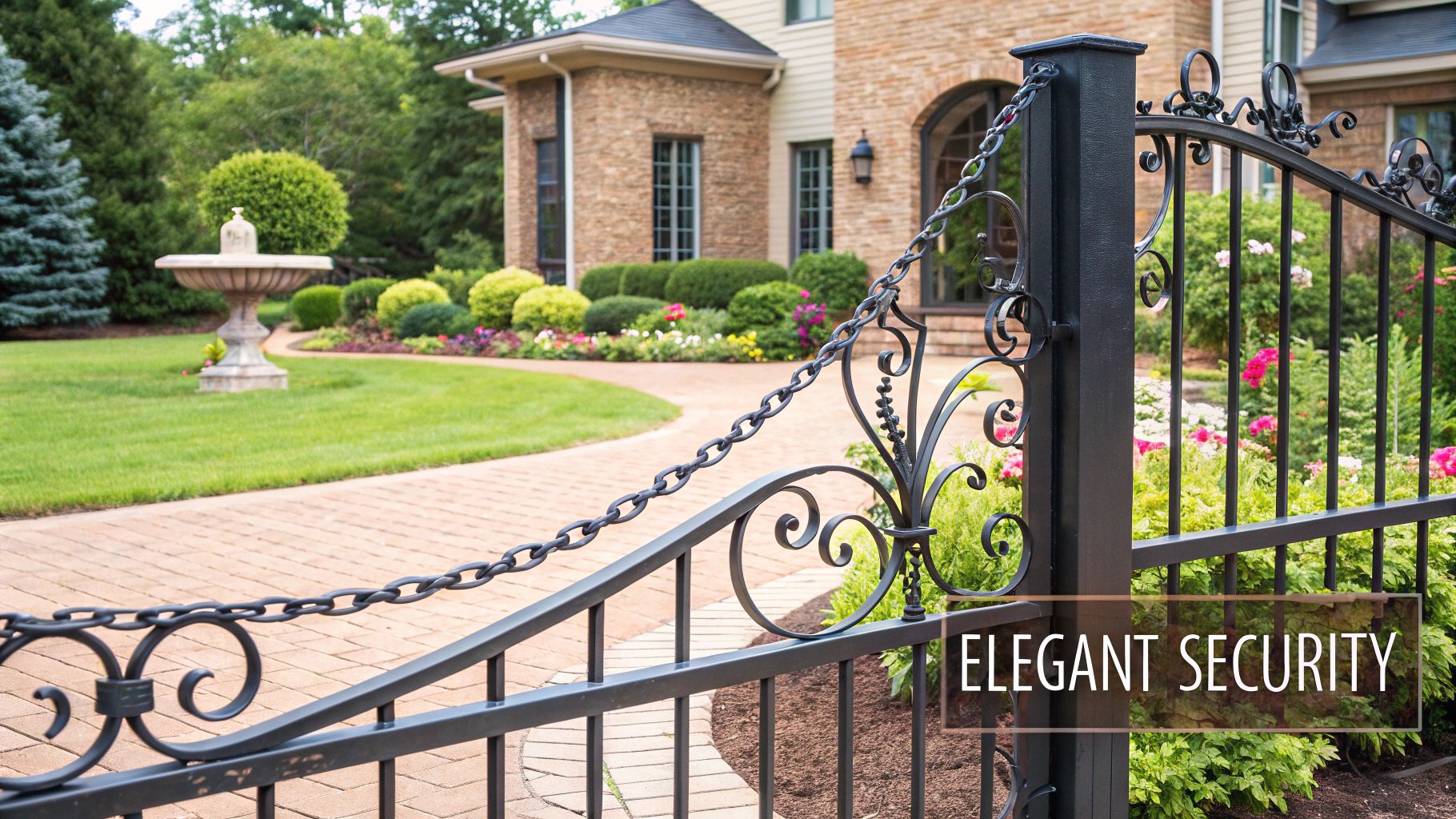 An elegant black wrought iron gate with a chain in front of a luxurious house and beautiful garden.