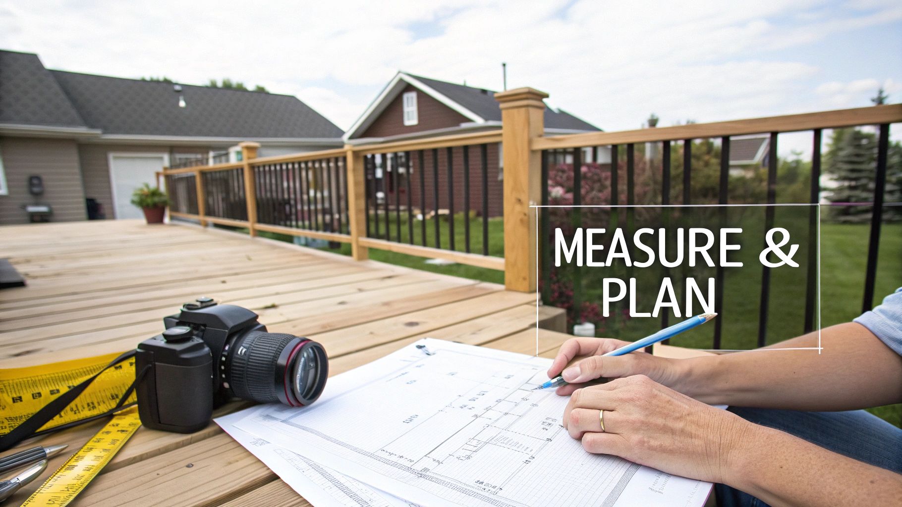 A person sketches a design on a blueprint with a pen on a wooden deck, with a camera and measuring tape nearby.