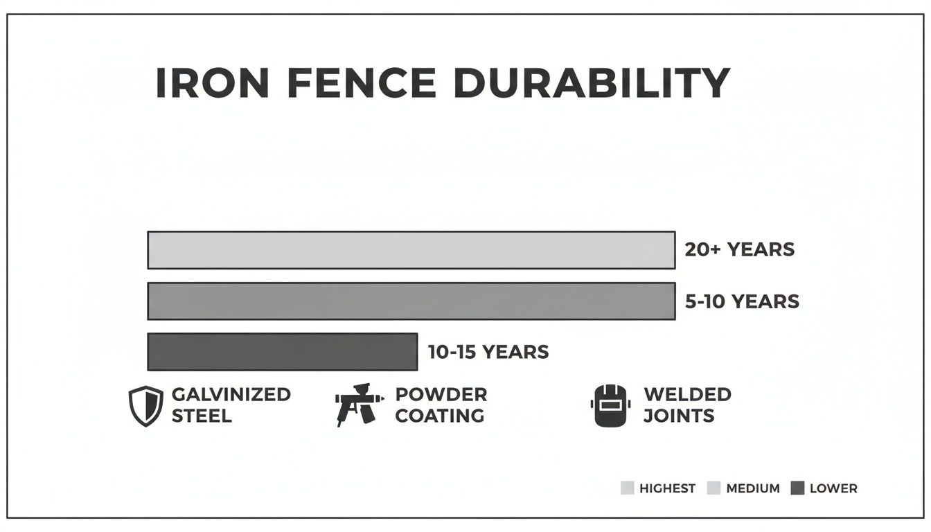 Chart illustrating iron fence durability comparing different treatments like galvanized steel and powder coating.