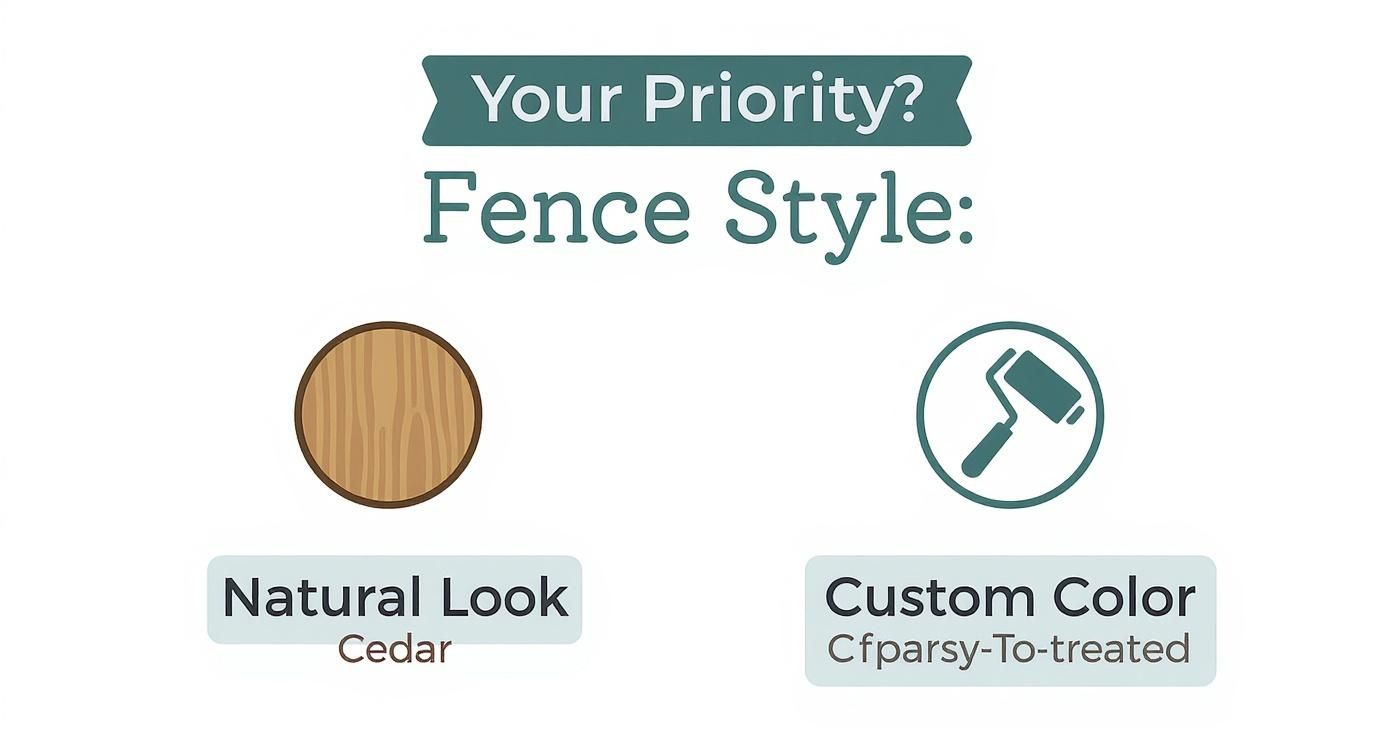 Visual choice for fence style: natural look cedar wood or custom color pressure-treated.