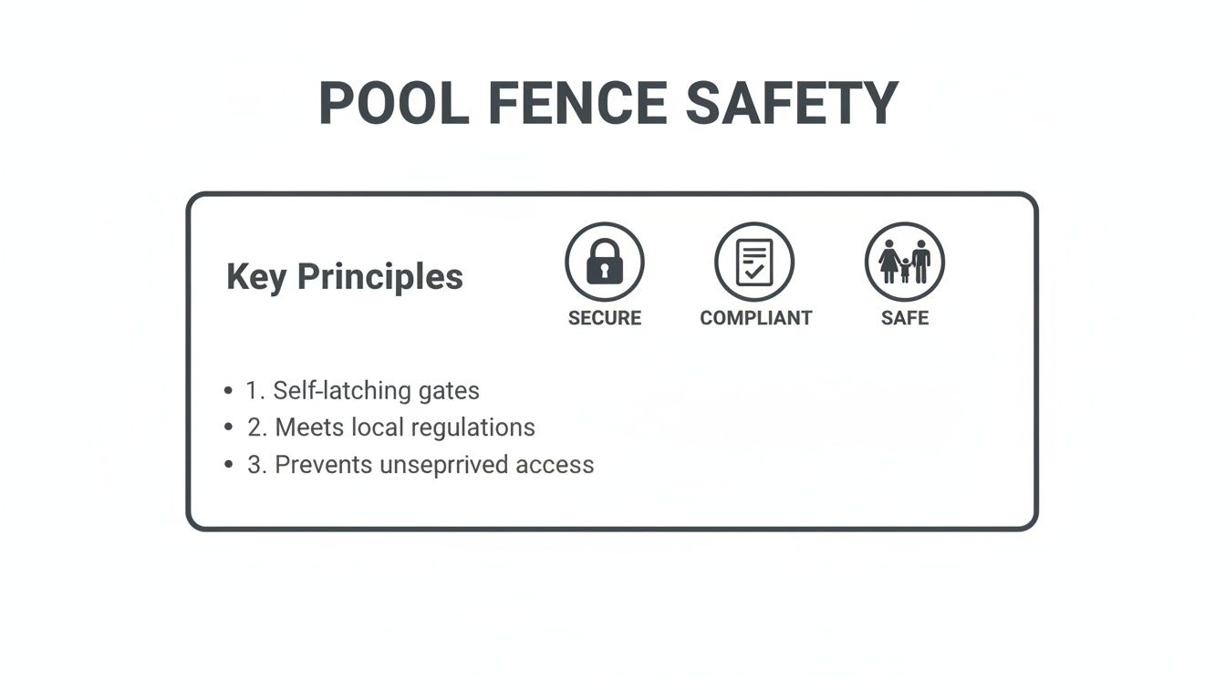 Infographic outlining key principles of pool fence safety: secure, compliant, and safe for all.