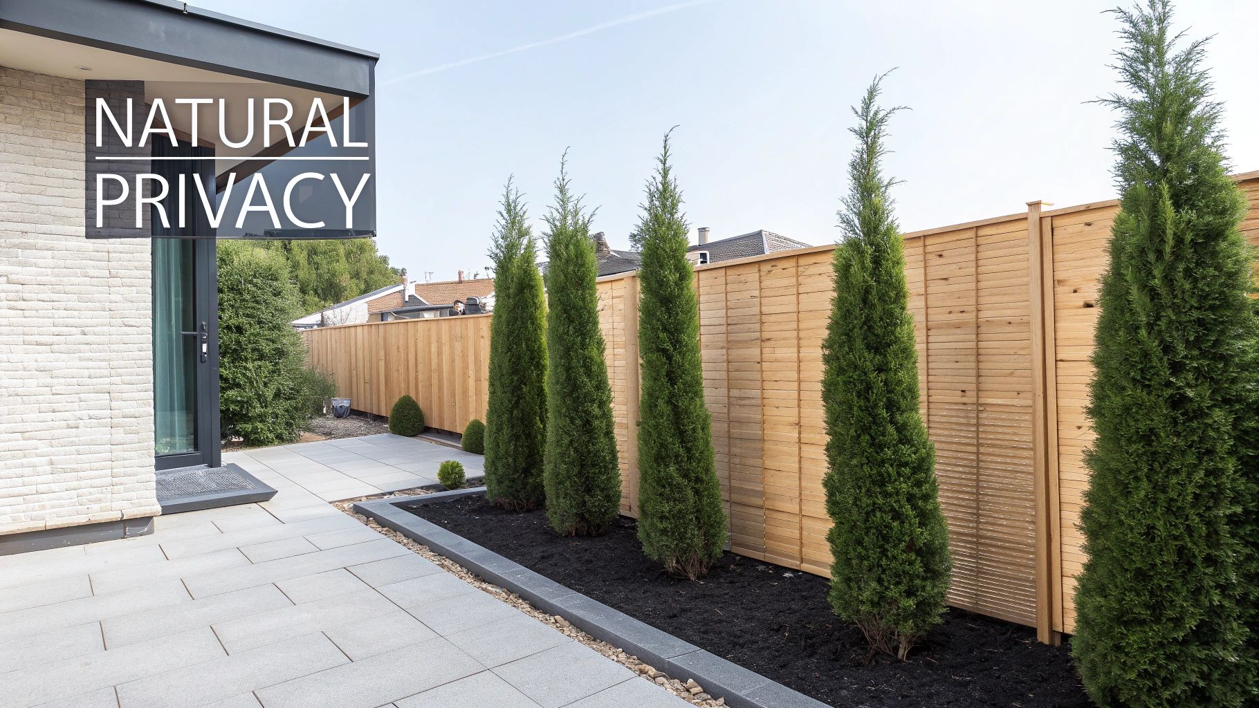 A modern backyard patio with tall green trees and a wooden slatted fence providing natural privacy.
