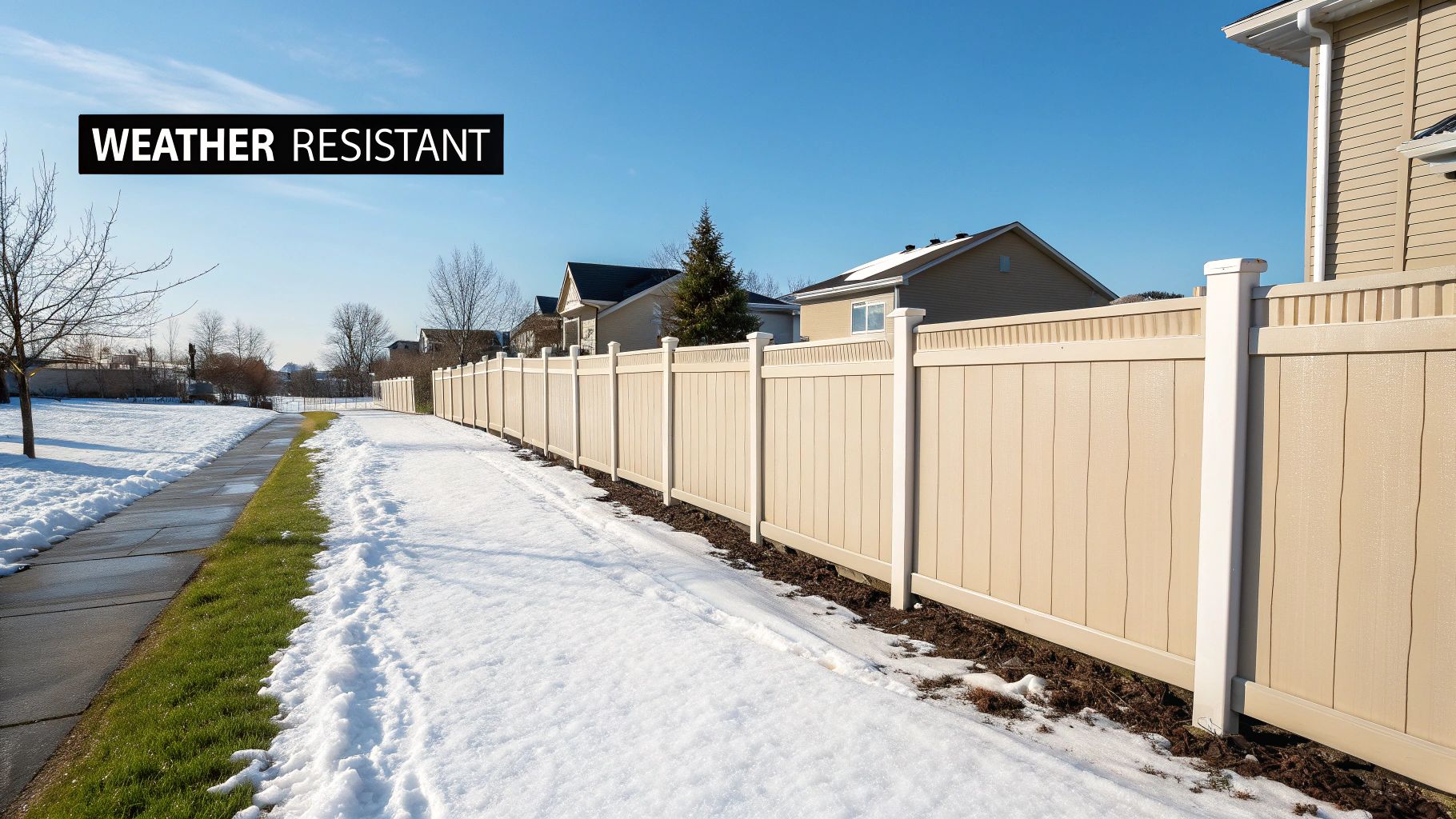 A long beige weather-resistant vinyl fence separates a snowy path from suburban homes under a clear sky.