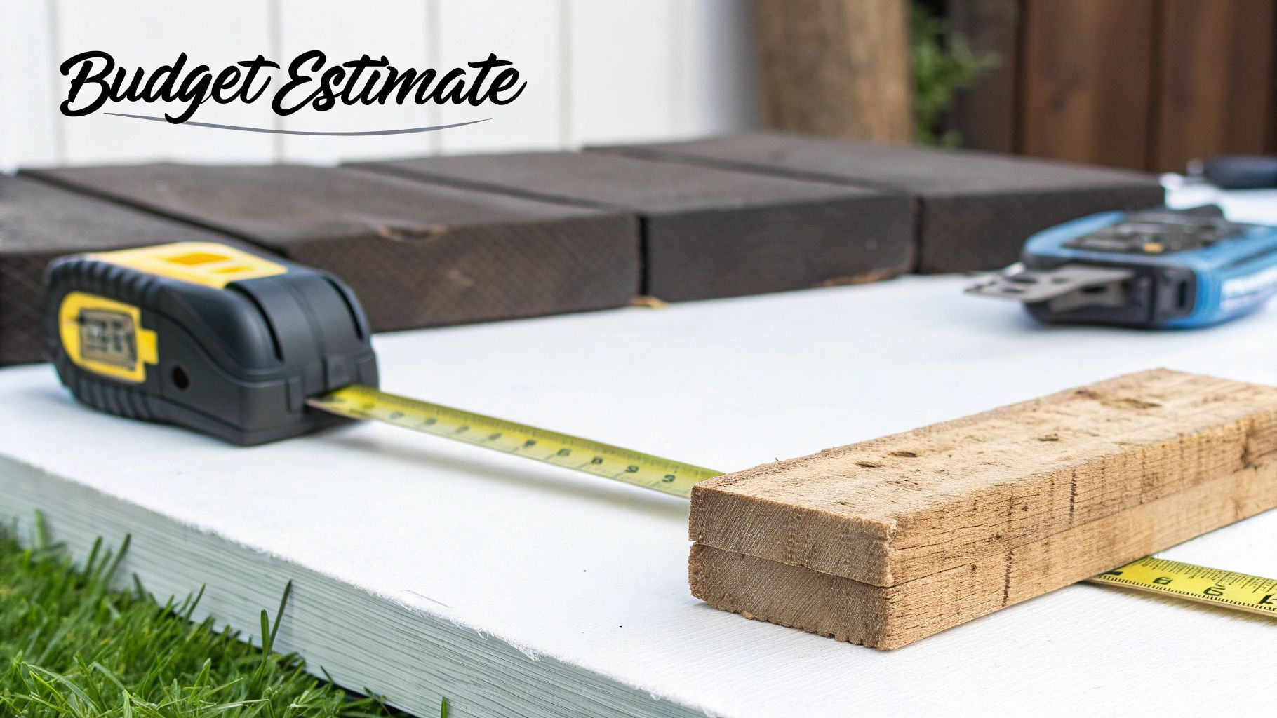 A tape measure extends across a white surface, measuring a wooden plank. Other wood pieces and tools are in the background.