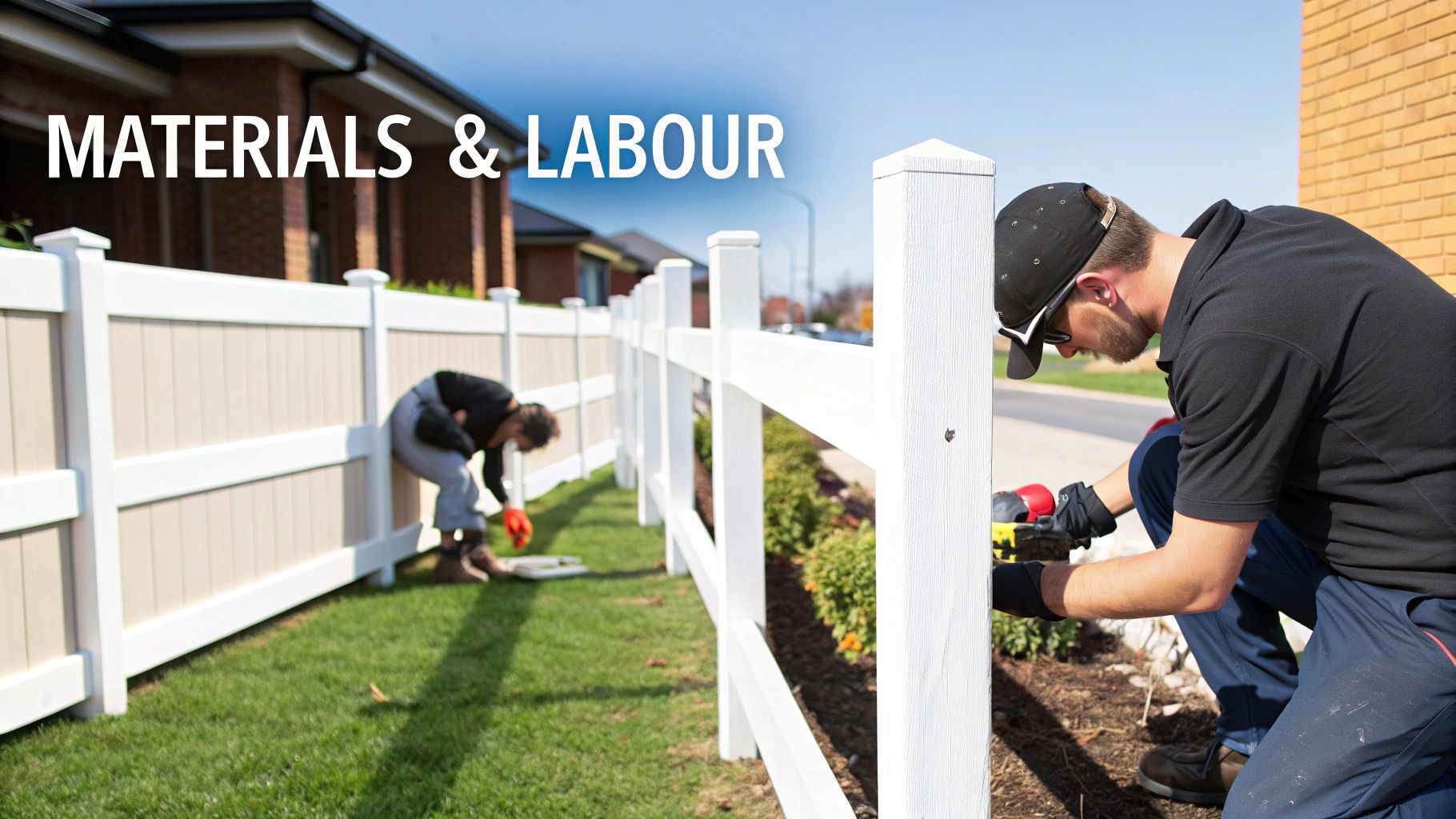 Two workers installing and maintaining white and beige vinyl fences in a residential area.