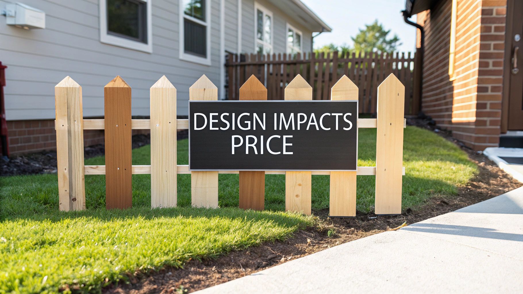 A small picket fence with a sign reading &#39;DESIGN IMPACTS PRICE&#39; in a sunny front yard.