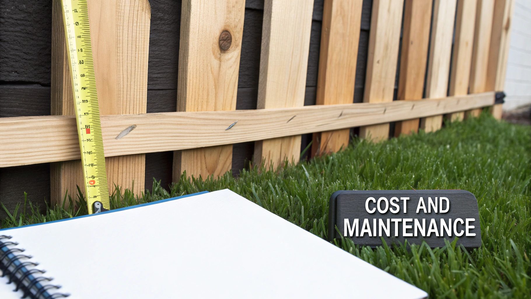 A measuring tape against a wooden fence under construction, with a notebook and 'Cost and Maintenance' sign on the grass.