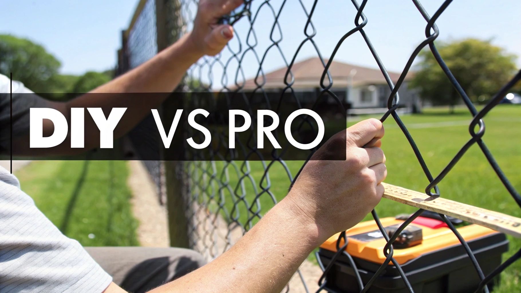 Close-up of hands working on a chain link fence with a ruler, 'DIY VS PRO' text overlay.