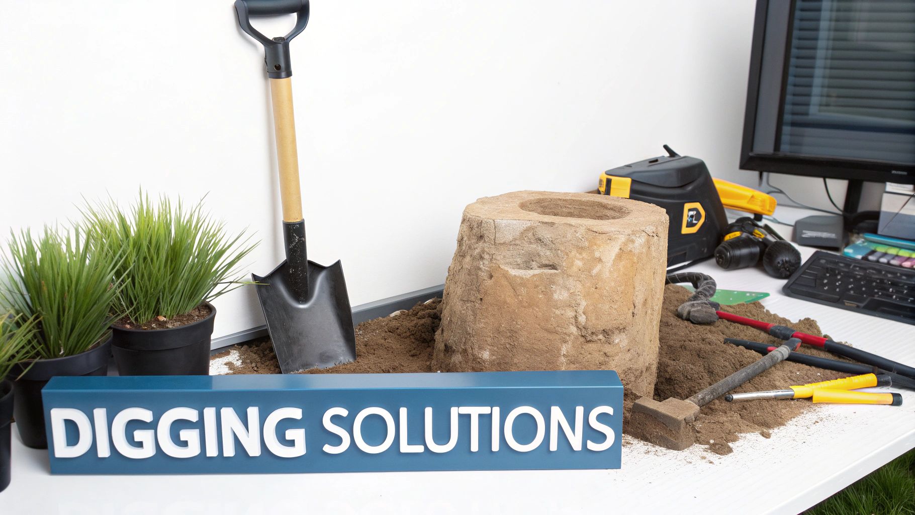 A desk setup with a &#39;DIGGING SOLUTIONS&#39; sign, shovel, soil, tools, plants, and a computer.