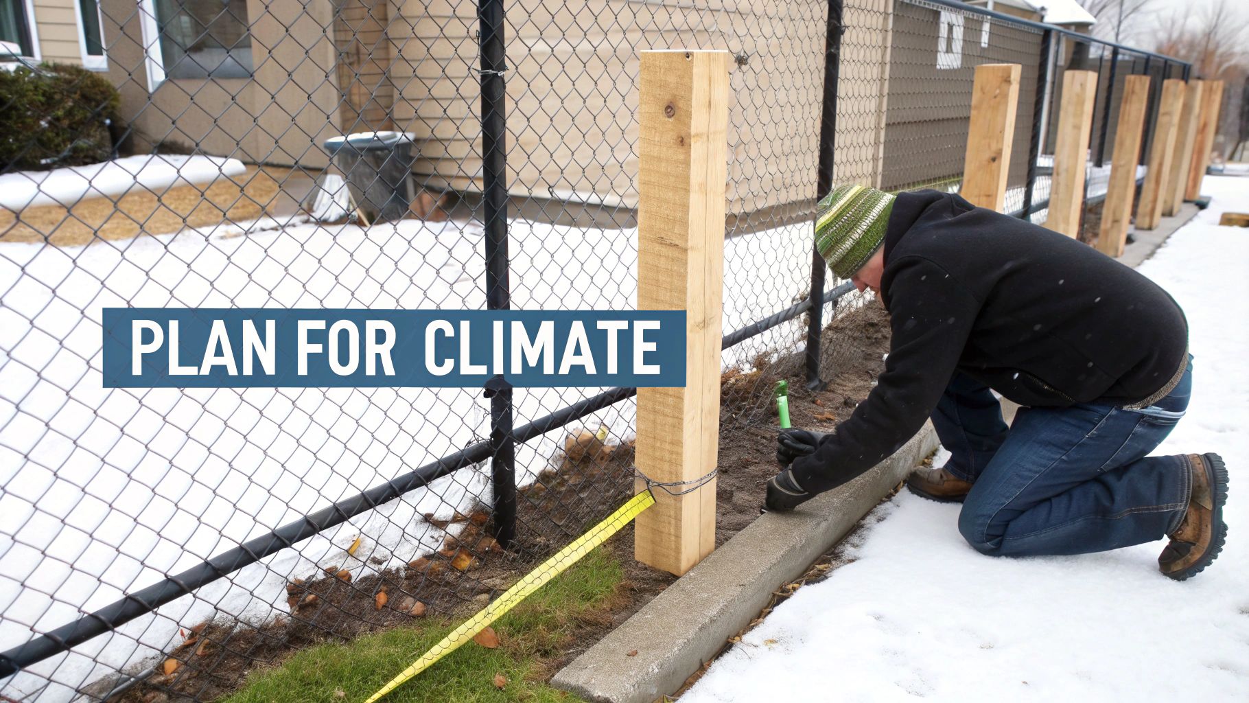 Person installing wooden fence posts next to a chain-link fence in winter snow.