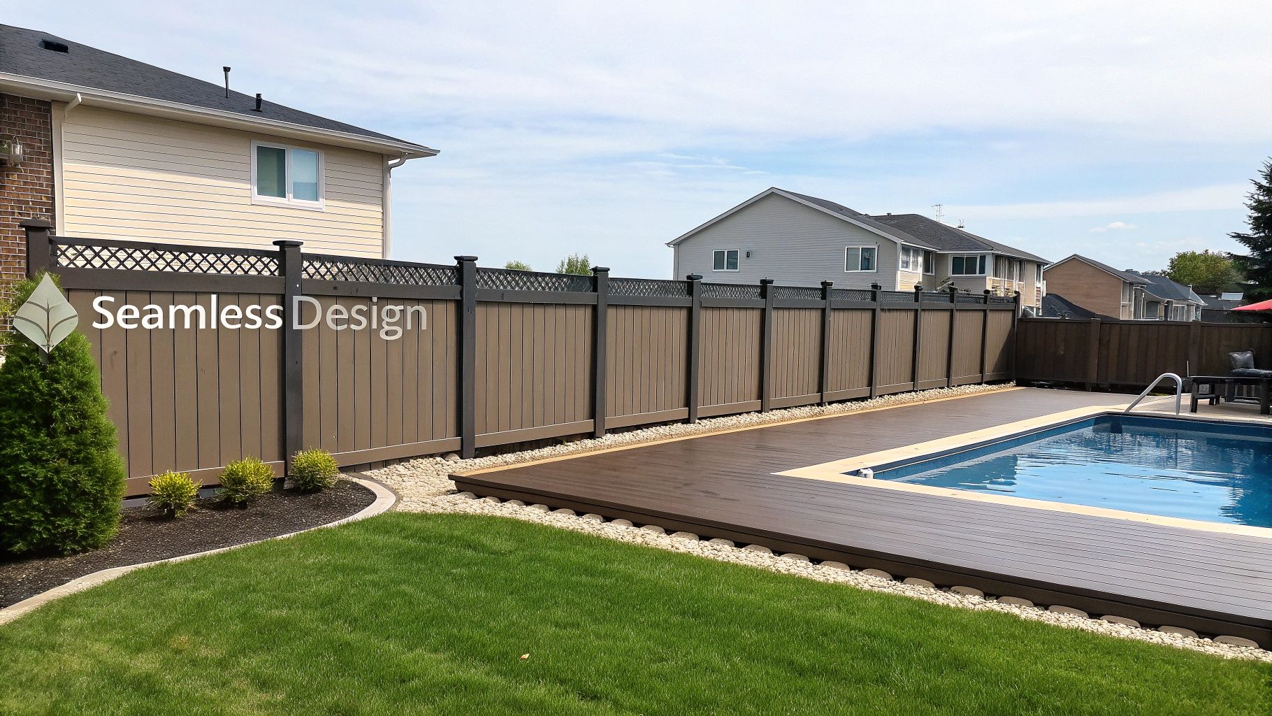 A residential backyard features a brown privacy fence, a composite deck around a blue swimming pool, and lush green grass.