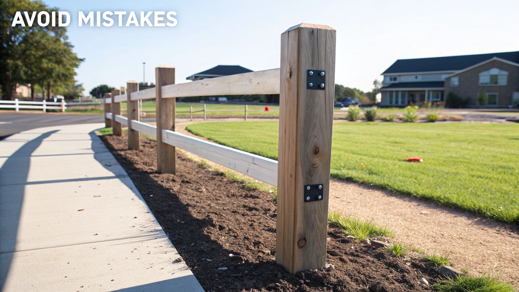 A new wooden split rail fence with black hardware runs alongside a sidewalk.