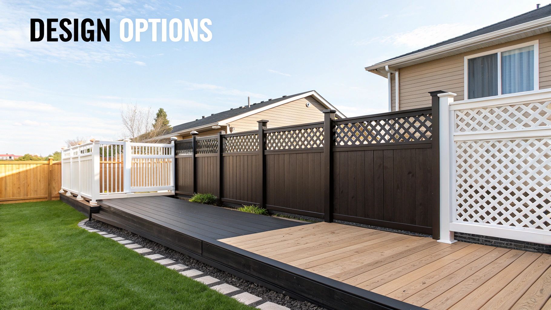 A backyard deck featuring dark brown and white privacy fences with lattice tops.