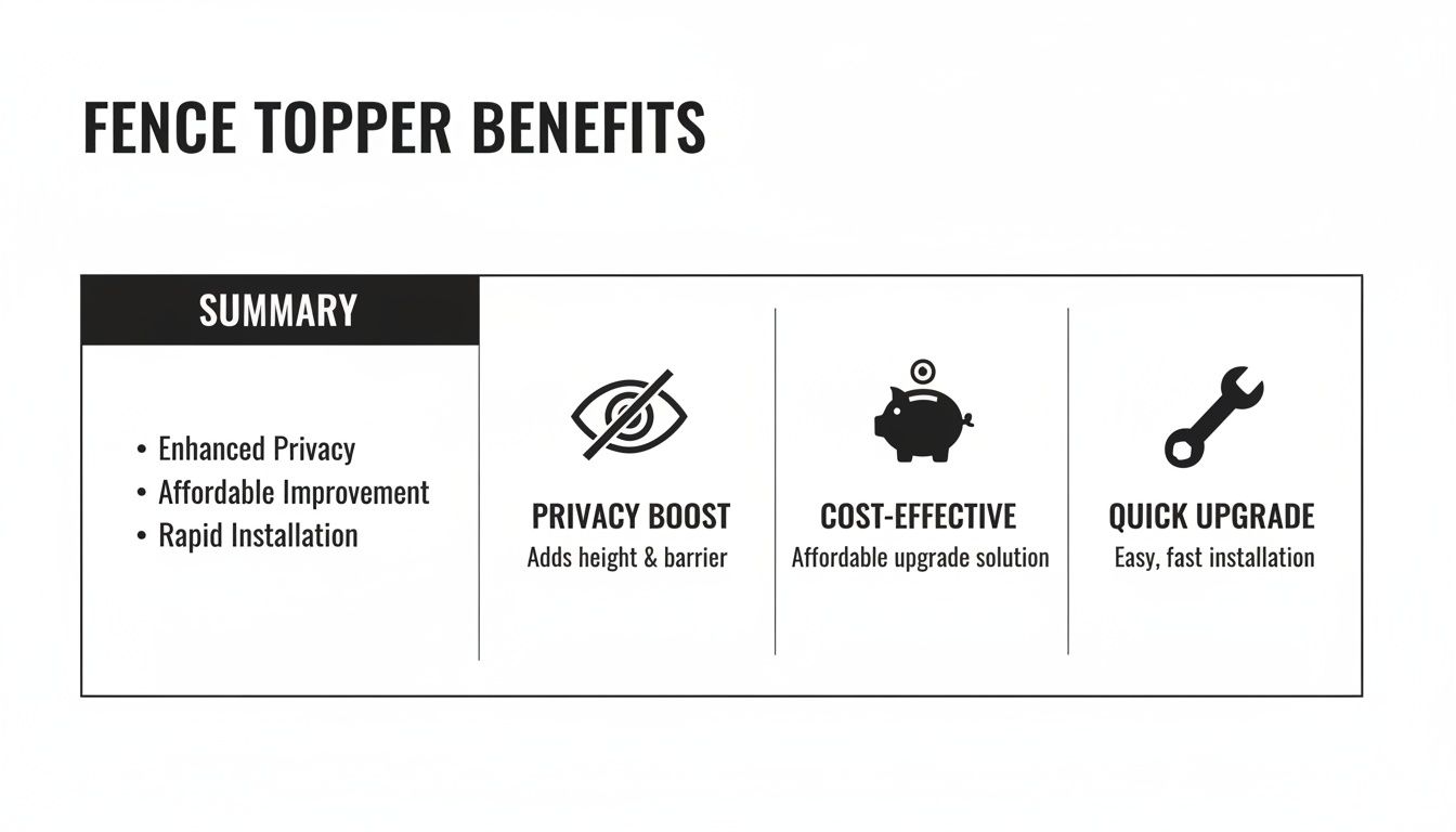 Infographic detailing fence topper benefits, including enhanced privacy, cost-effectiveness, and quick installation.