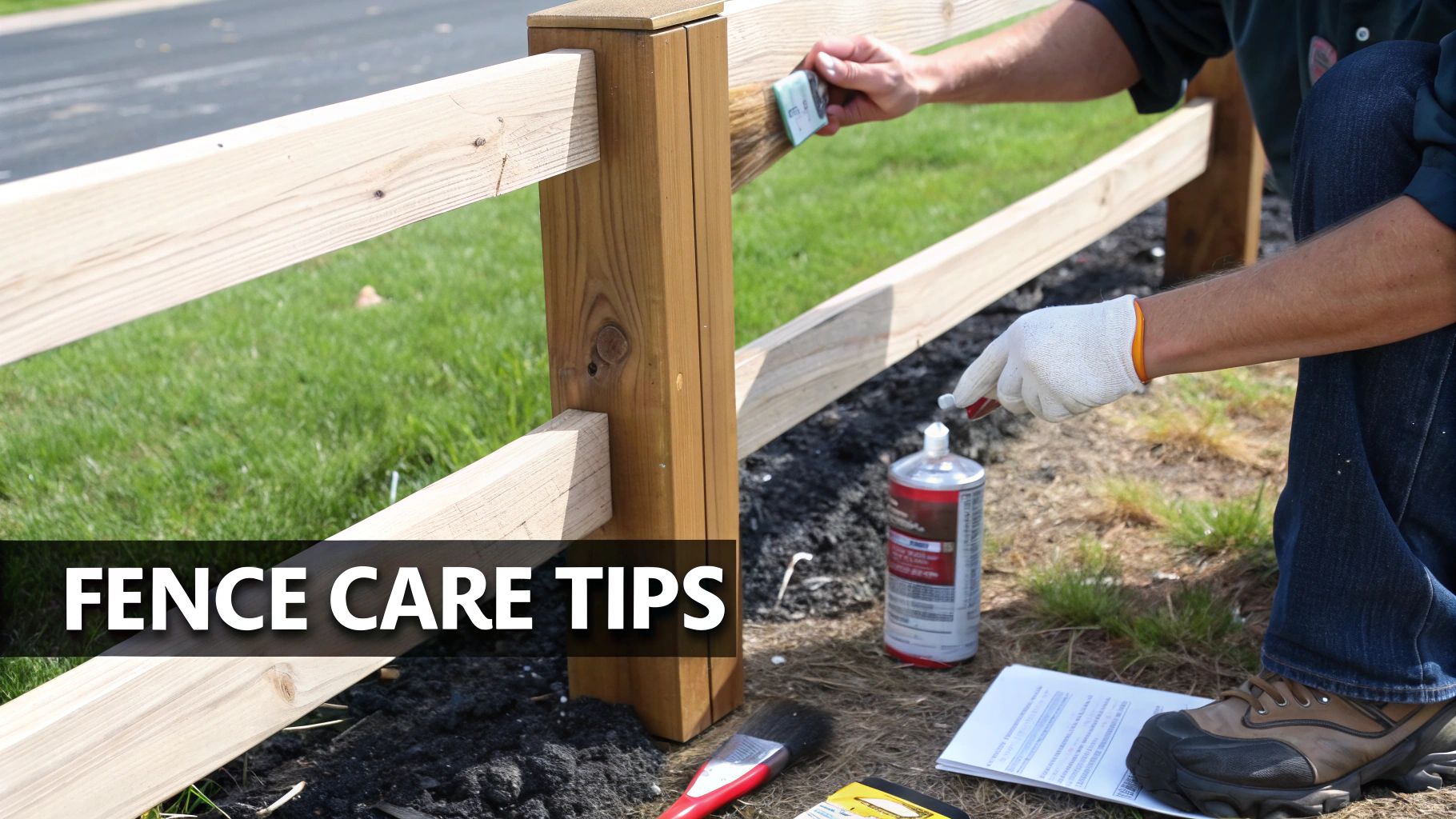 A person applies stain to a split rail wooden fence, demonstrating fence care tips.