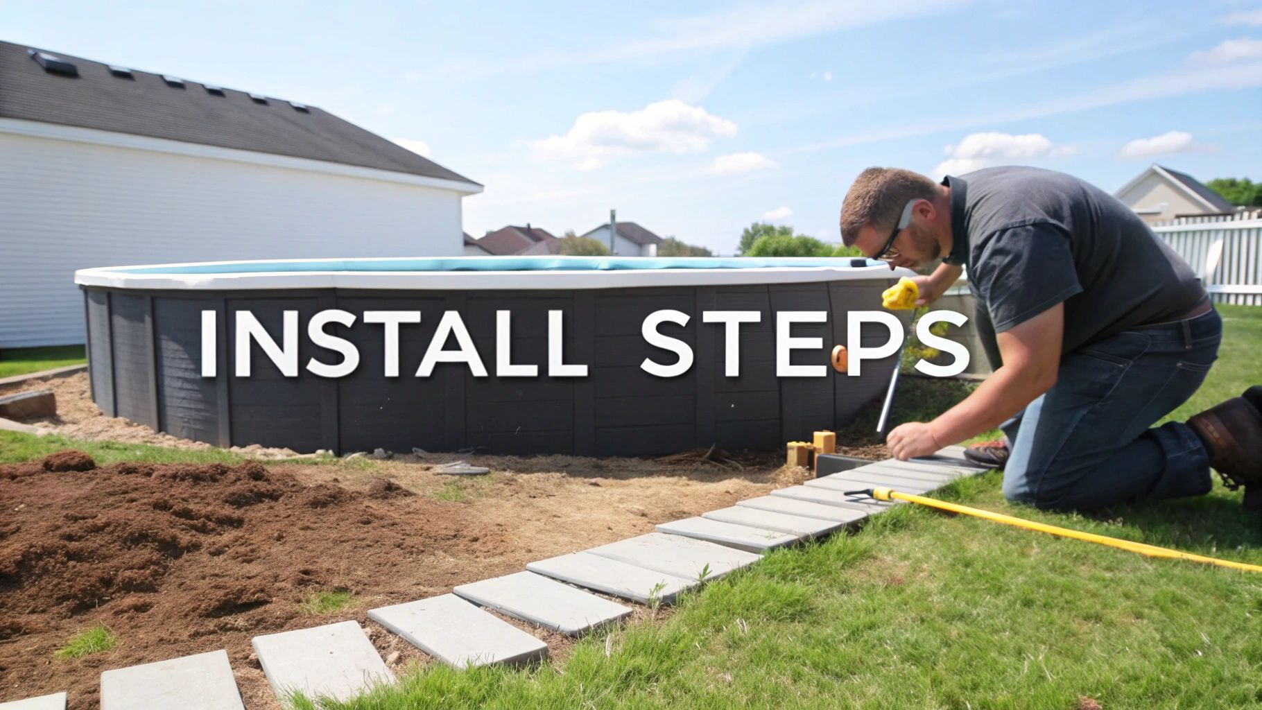 A man kneels to install concrete steps leading to a dark gray above-ground pool in a sunny backyard.