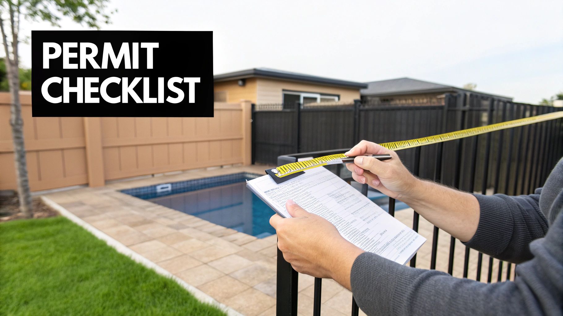 A person with a permit checklist and measuring tape inspects a backyard pool and fencing.