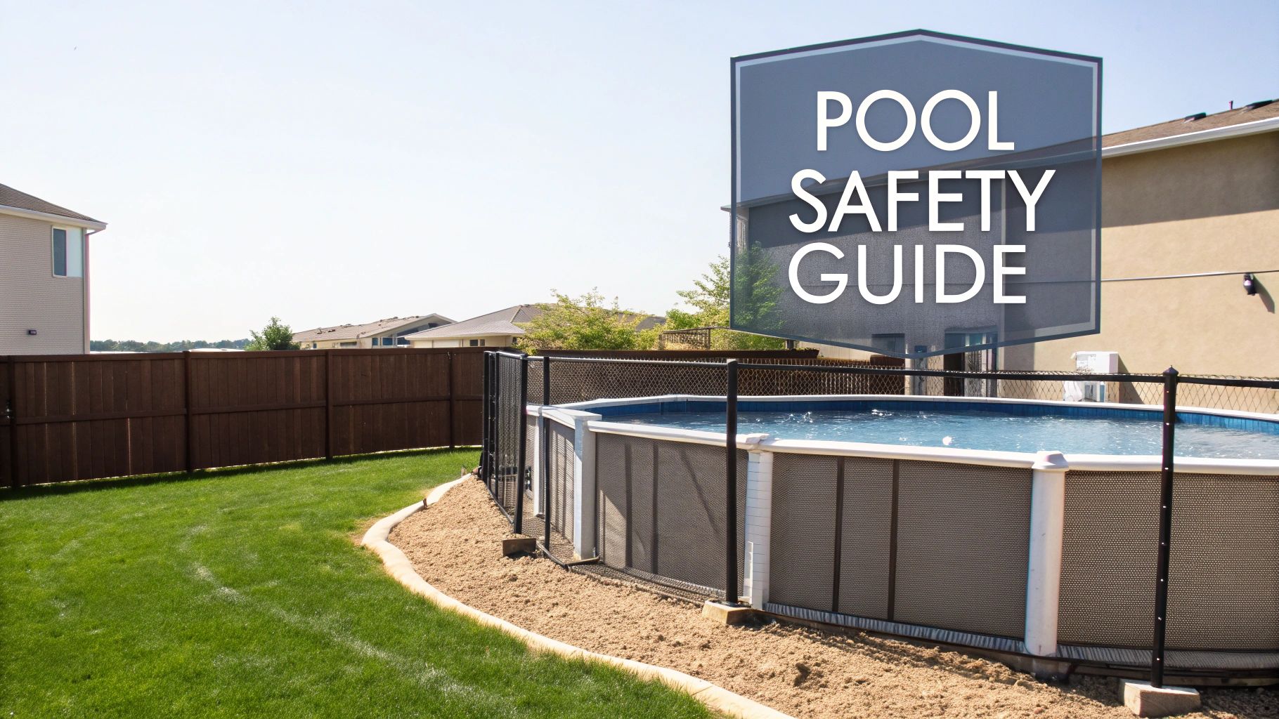 An above-ground swimming pool with a black safety fence in a residential backyard with green grass.