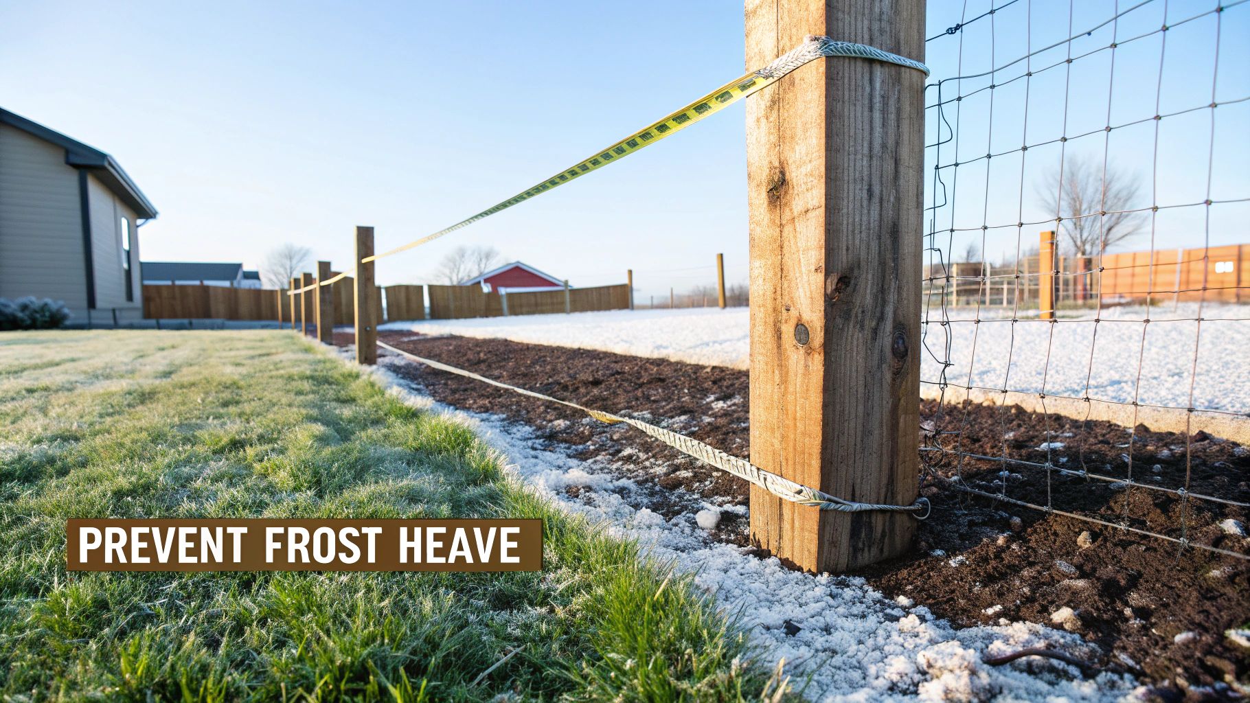 A wooden fence post with electric tape and wire fence, set in frosty ground on a winter day.