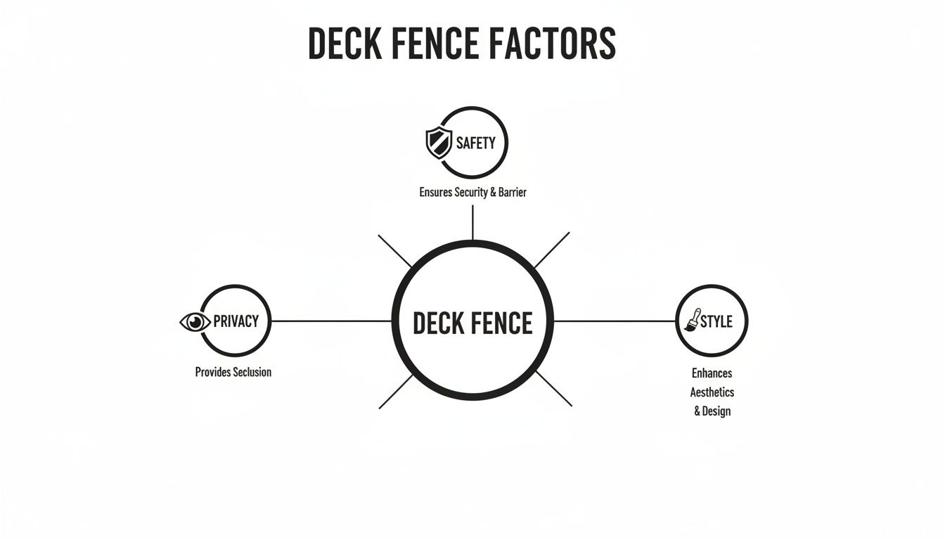 A diagram illustrating deck fence factors: safety, privacy, and style, with their respective benefits.