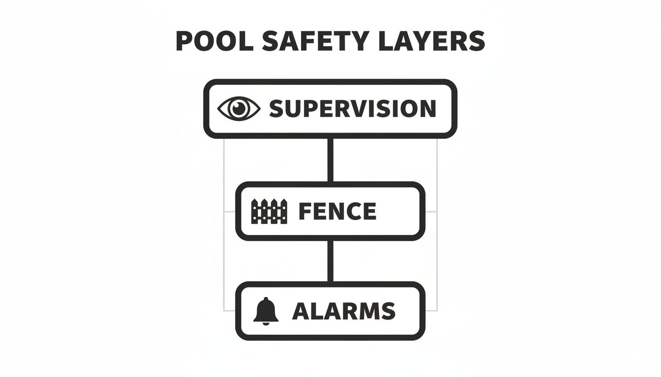 A diagram illustrates three crucial pool safety layers: supervision, fence, and alarms.