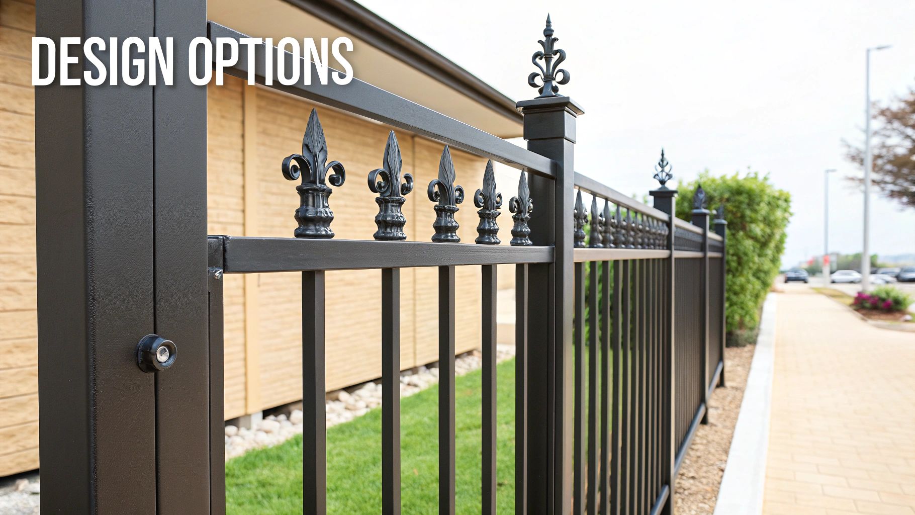 A black ornamental iron metal fence with decorative finials, labeled 'DESIGN OPTIONS', next to a building.