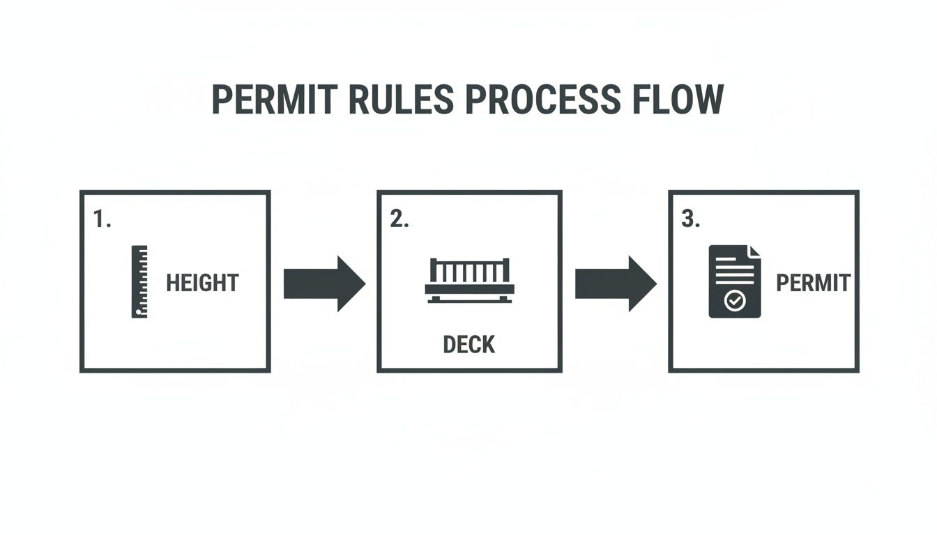 Flowchart illustrating permit rules: first evaluate height, then deck design, to obtain a permit.