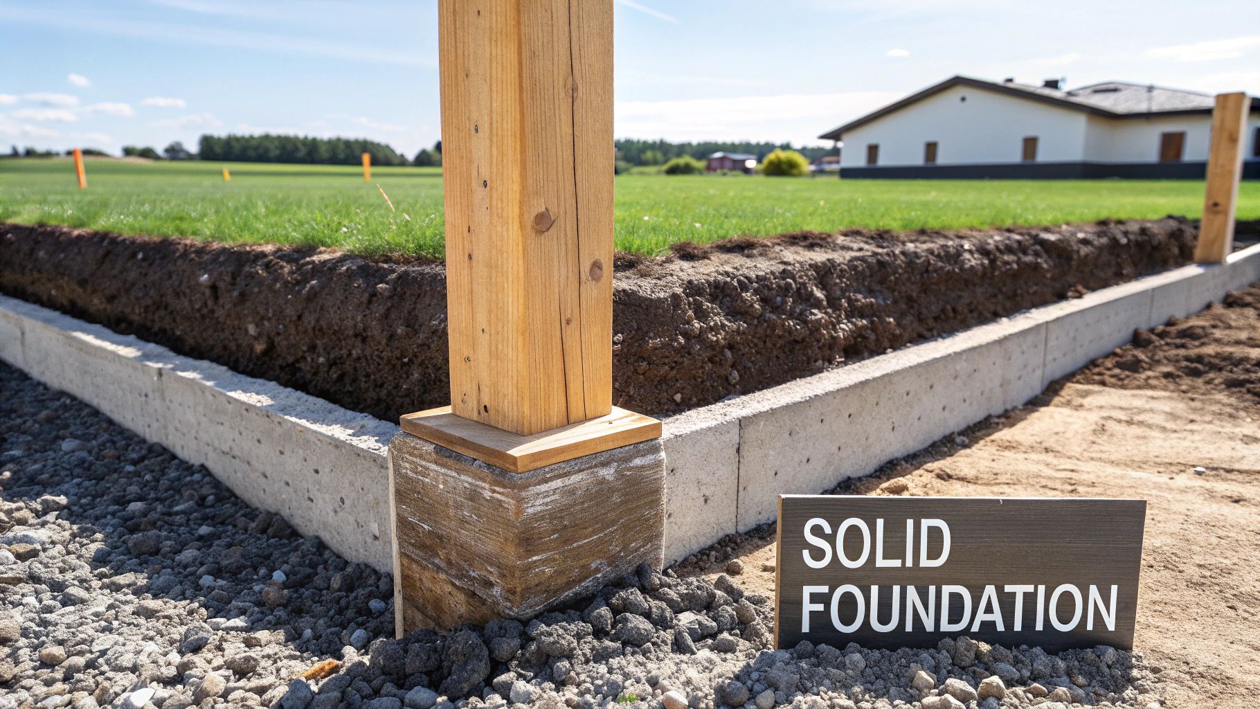 A wooden post cemented into a sturdy concrete foundation, surrounded by gravel and soil, with a 'SOLID FOUNDATION' sign.