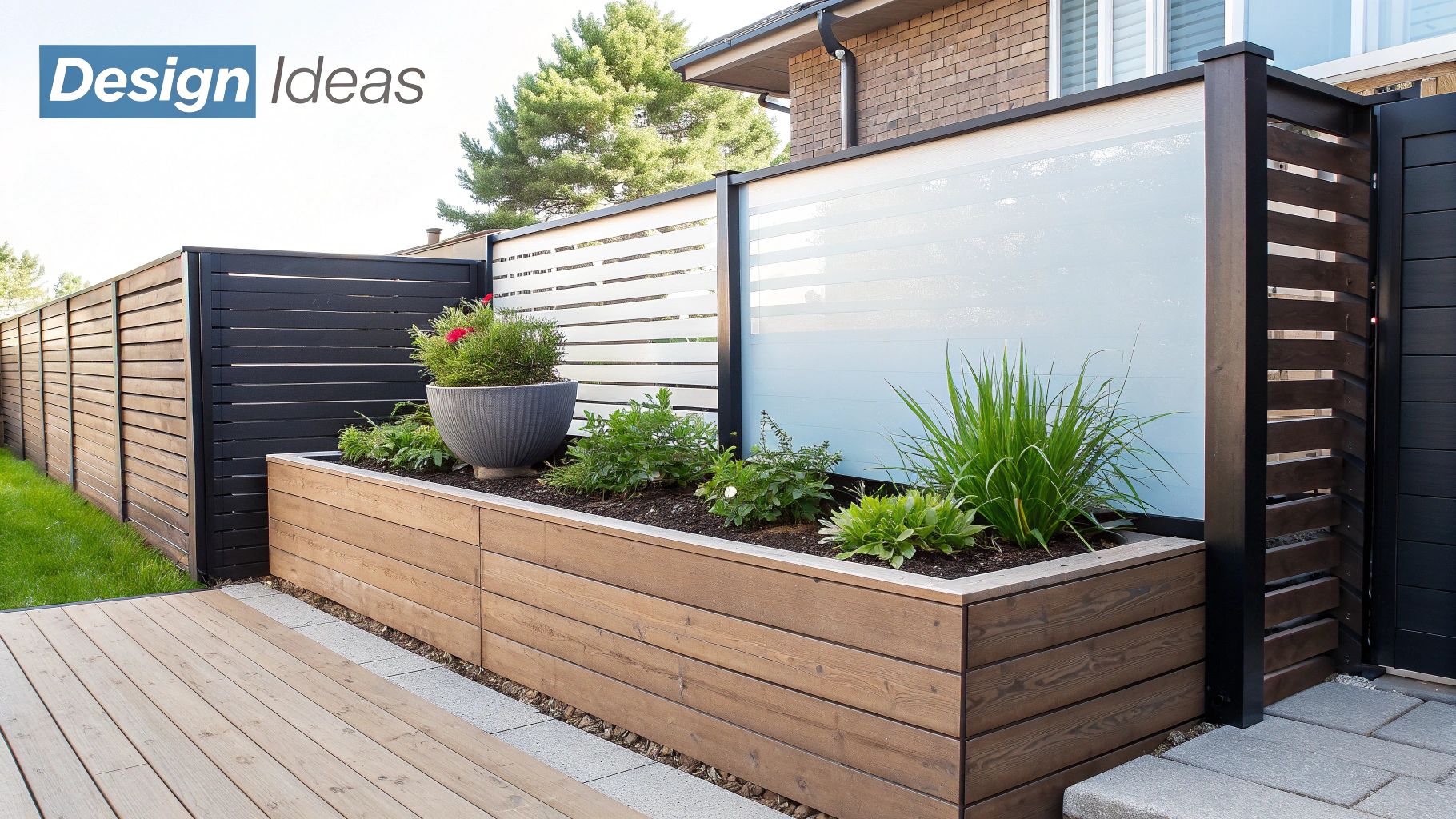 A beautifully designed privacy fence for a deck with comfortable seating.