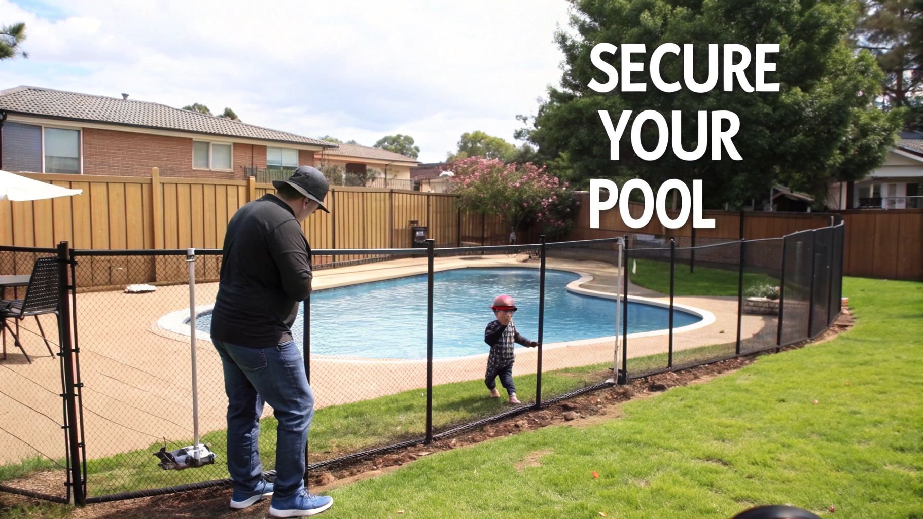 A man watches a toddler in a red hat playing inside a fenced swimming pool area, with text 'Secure Your Pool'.