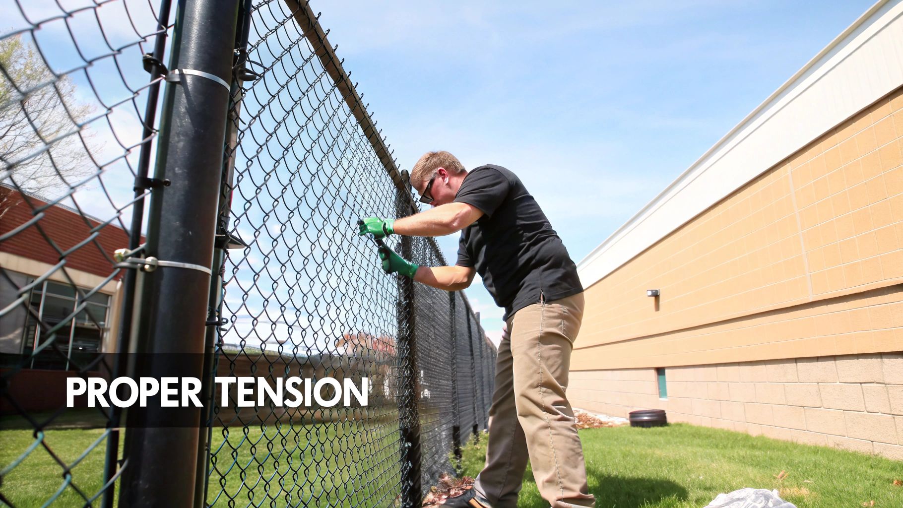 Man installing chain link fence ensuring proper tension using green tensioning tool on residential property