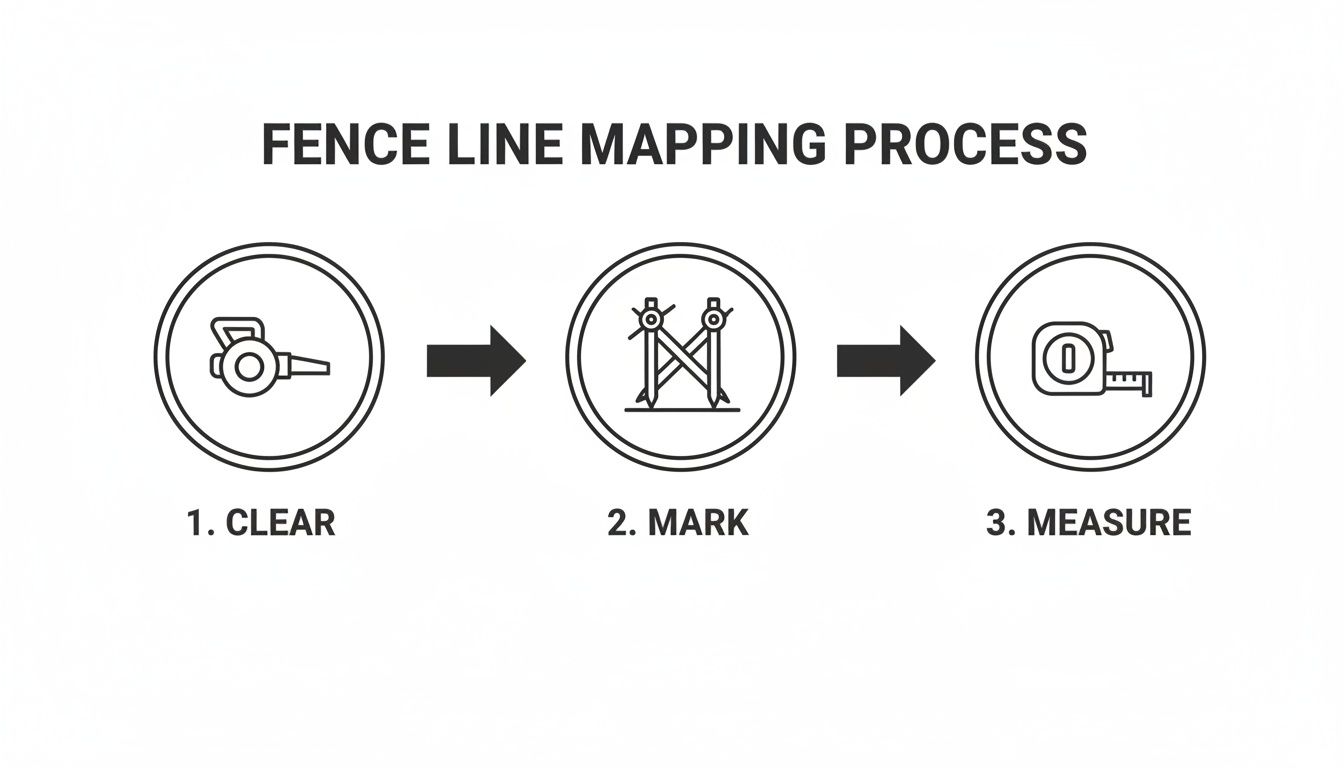 A diagram outlining the fence line mapping process: clear, mark, and measure, with corresponding tool icons.