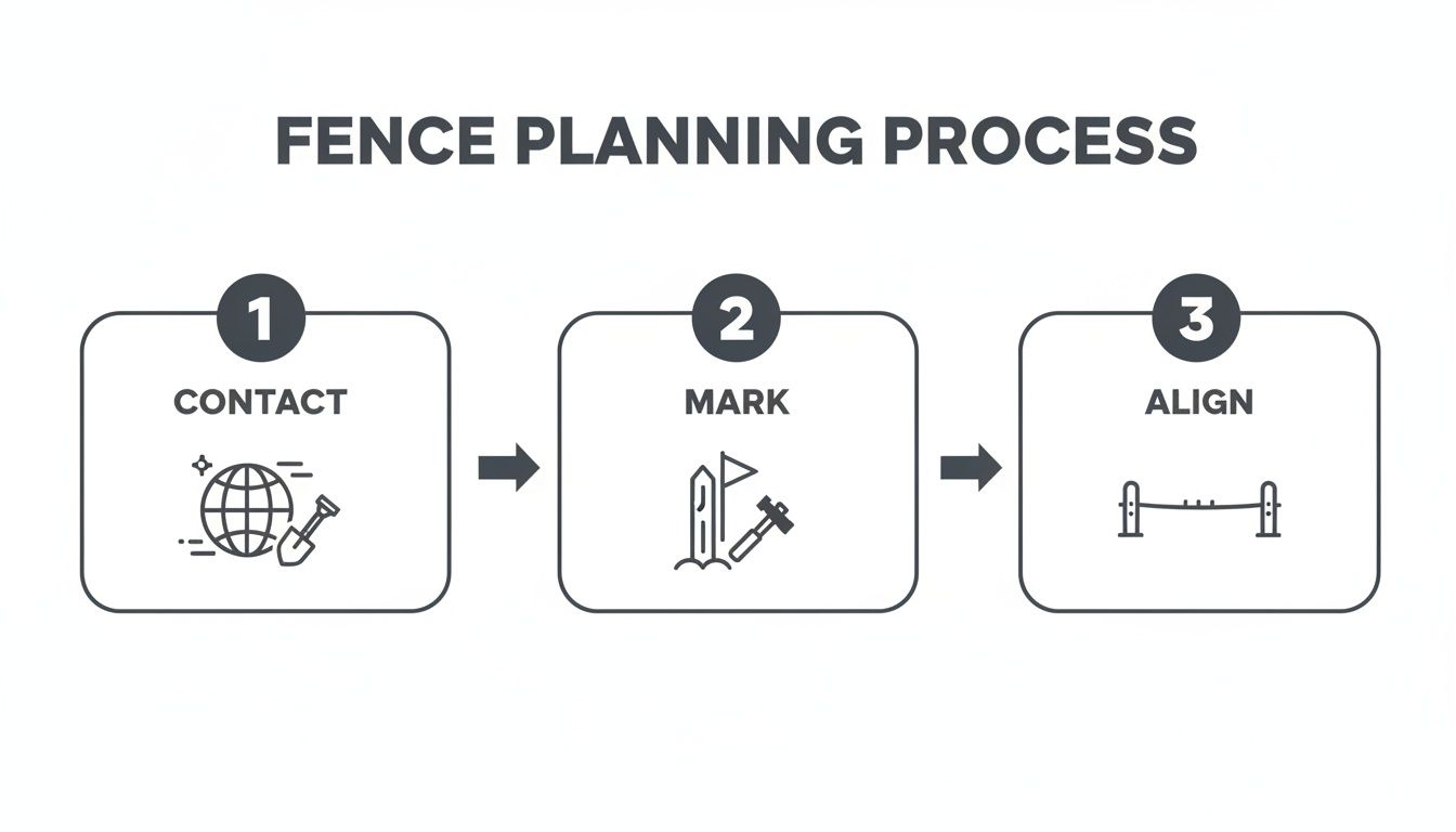 A three-step fence planning process diagram showing contact, marking, and aligning steps with icons.